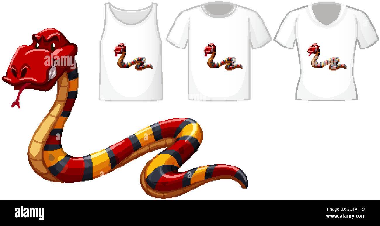 Personnage de dessin animé serpent rouge avec de nombreux types de chemises sur fond blanc Illustration de Vecteur