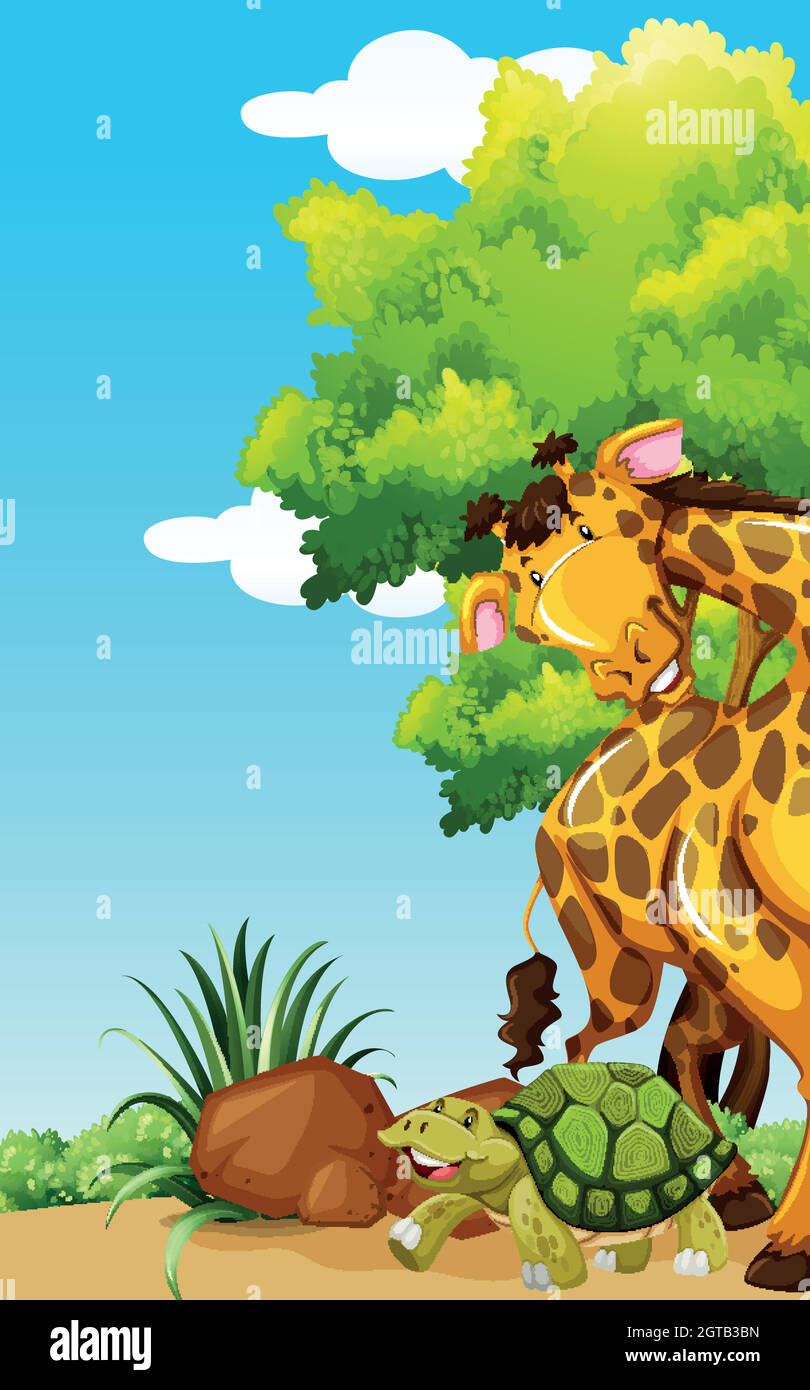 Girafe et tortue dans le parc Illustration de Vecteur