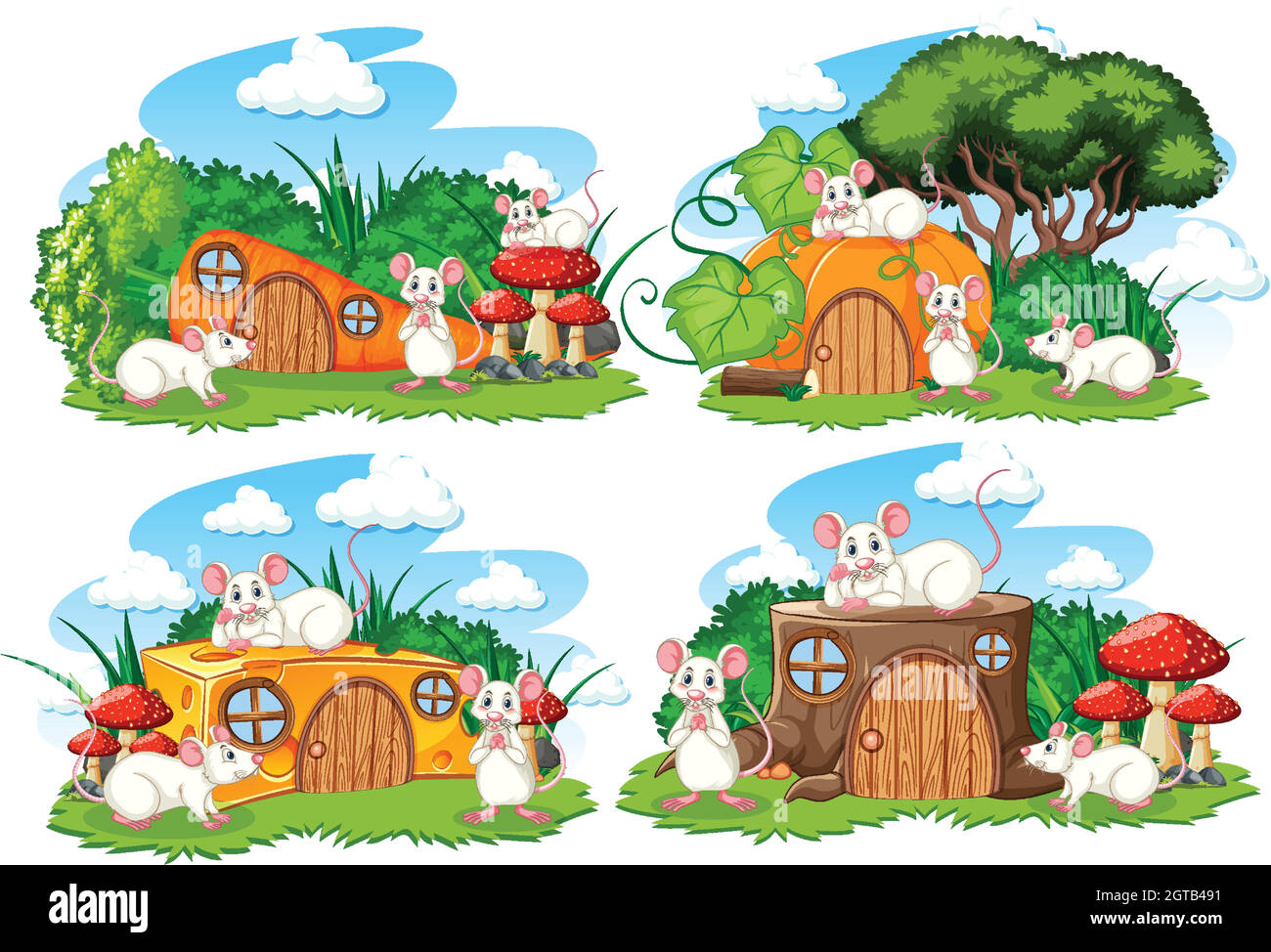 Ensemble de maisons de fantaisie dans le jardin avec de jolis animaux isolés sur fond blanc Illustration de Vecteur