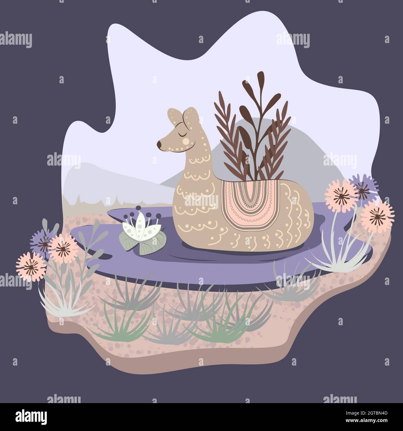 Carte de voeux Alpaca pour des vacances et décoration avec une jolie dame sur le fond d'un paysage dans des couleurs pastel. Style Doodle. Vecteur Illustration de Vecteur