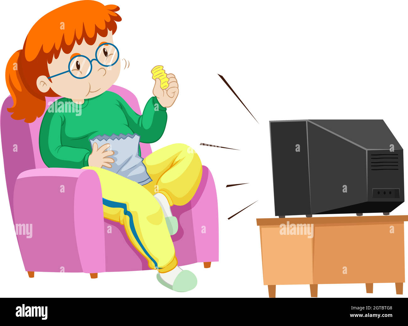FAT femme mangeant des frites tout en regardant la télévision Illustration de Vecteur