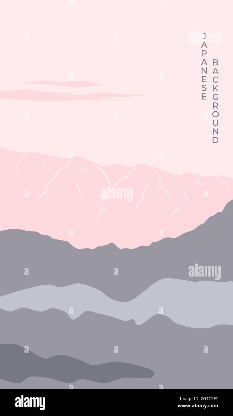 Affiche rose paysage de montagne au coucher du soleil avec rivière dans le style asiatique japonais. Paysage de montagne fond japonais. Illustration vectorielle Illustration de Vecteur