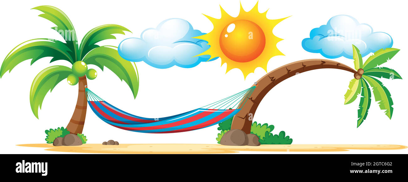 Scène de plage avec hamac sur les cocotiers Illustration de Vecteur