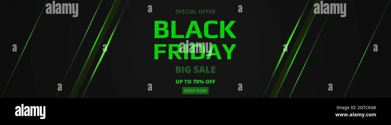 Modèle de bannière large avec néon vert pour la promotion du Vendredi fou. Modèle de bannière de solde vert néon du vendredi noir sur un fond noir. Vecteur Illustration de Vecteur