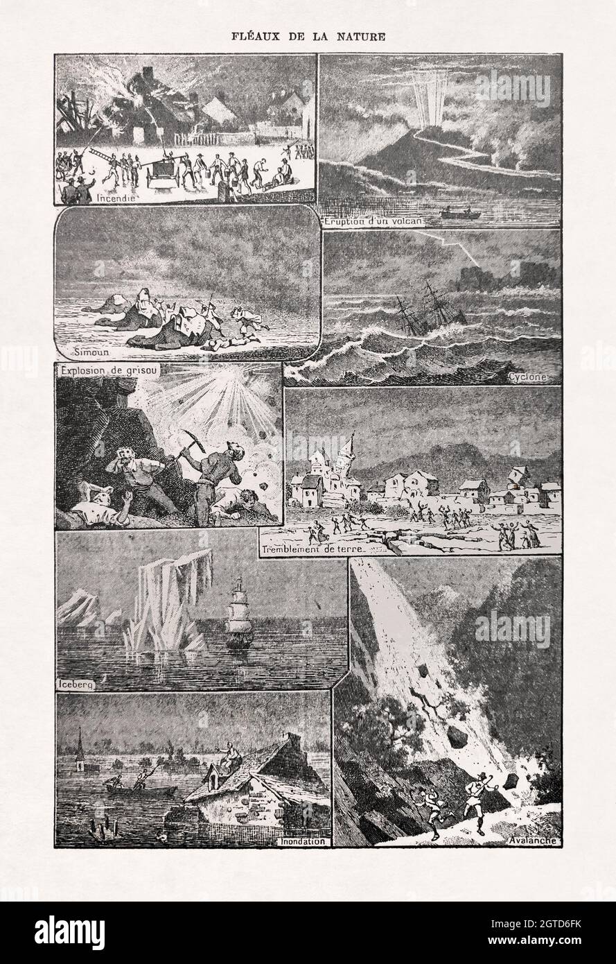 Une ancienne illustration des catastrophes naturelles a imprimé un dictionnaire français en 1899. Banque D'Images