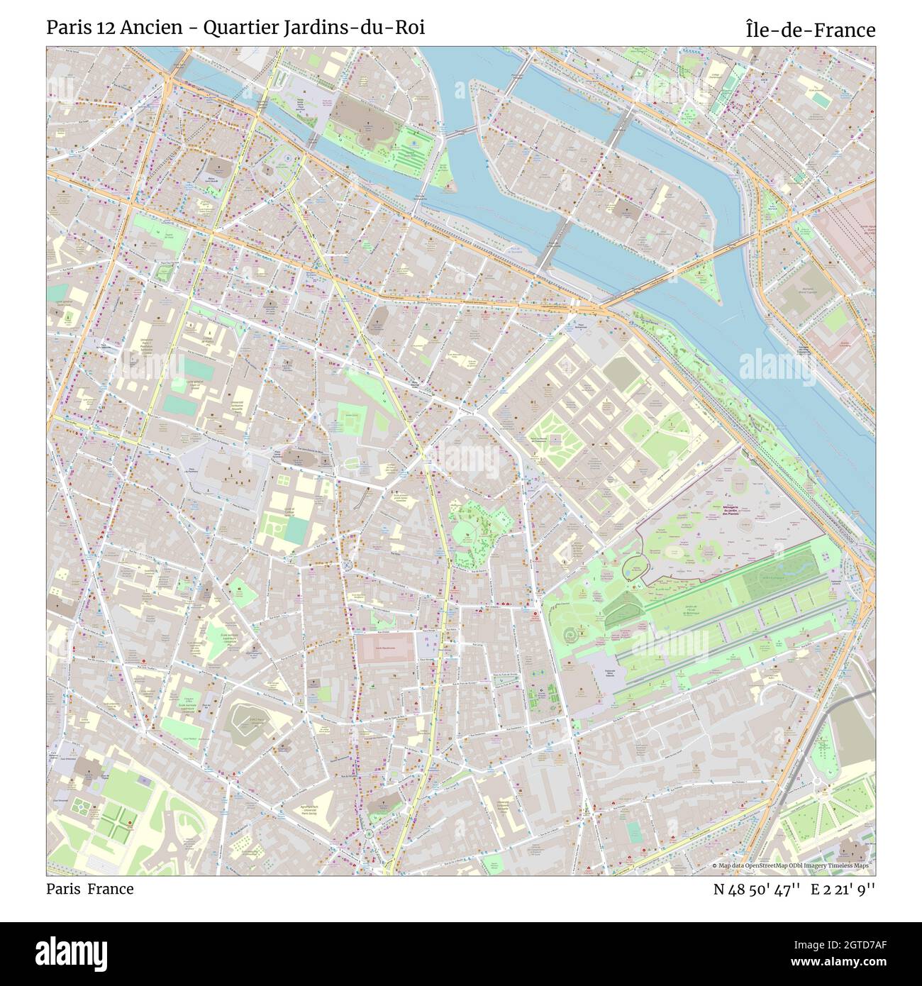 Paris 12 ancien - quartier Jardins-du-Roi, Paris, France, Île-de-France, N 48 50' 47'', E 2 21' 9'', carte, carte intemporelle publiée en 2021.Les voyageurs, les explorateurs et les aventuriers comme Florence Nightingale, David Livingstone, Ernest Shackleton, Lewis et Clark et Sherlock Holmes se sont appuyés sur des cartes pour planifier leurs voyages dans les coins les plus reculés du monde. Timeless Maps dresse la carte de la plupart des sites du monde, montrant ainsi la réalisation de grands rêves Banque D'Images