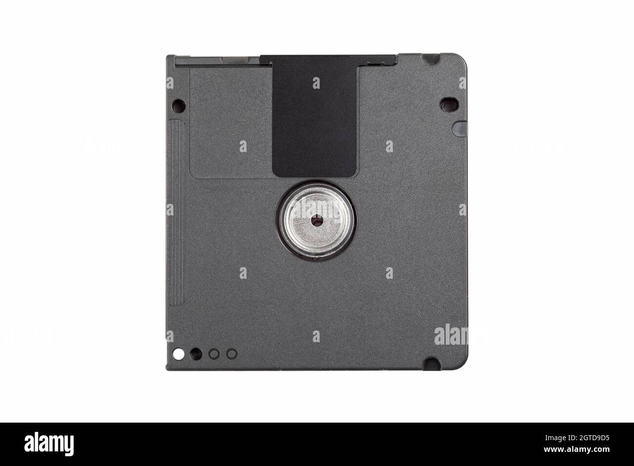 Vue du dessus du support de données audio du petit mini-disque rétro, objet isolé sur fond blanc, découpe, gros plan, vue du dessus de la table, prise de vue du dessus. Vieux technol Banque D'Images