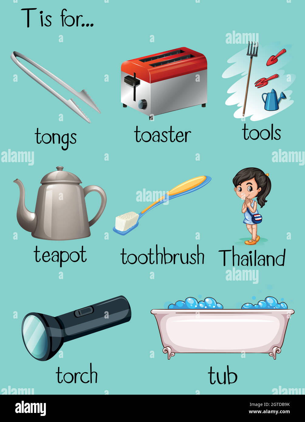Beaucoup de mots commencent par la lettre T. Illustration de Vecteur