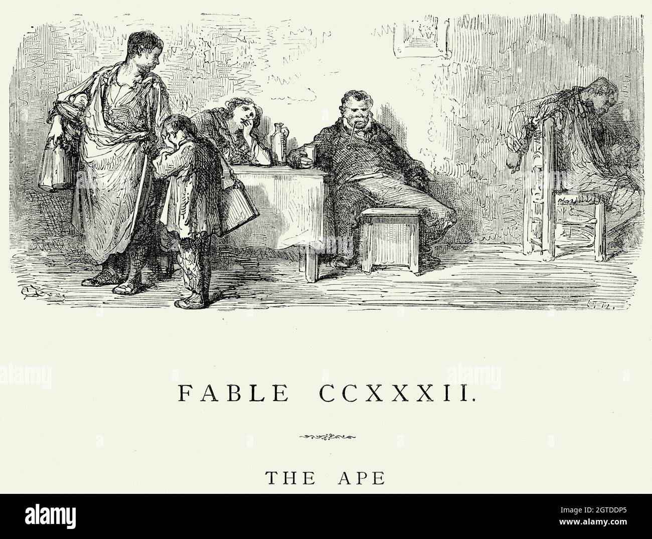 Gravure ancienne des Fables de la Fontaine, illustrée par Gustave Dore. L'APE. Un père ivre néglige son enfant. Banque D'Images