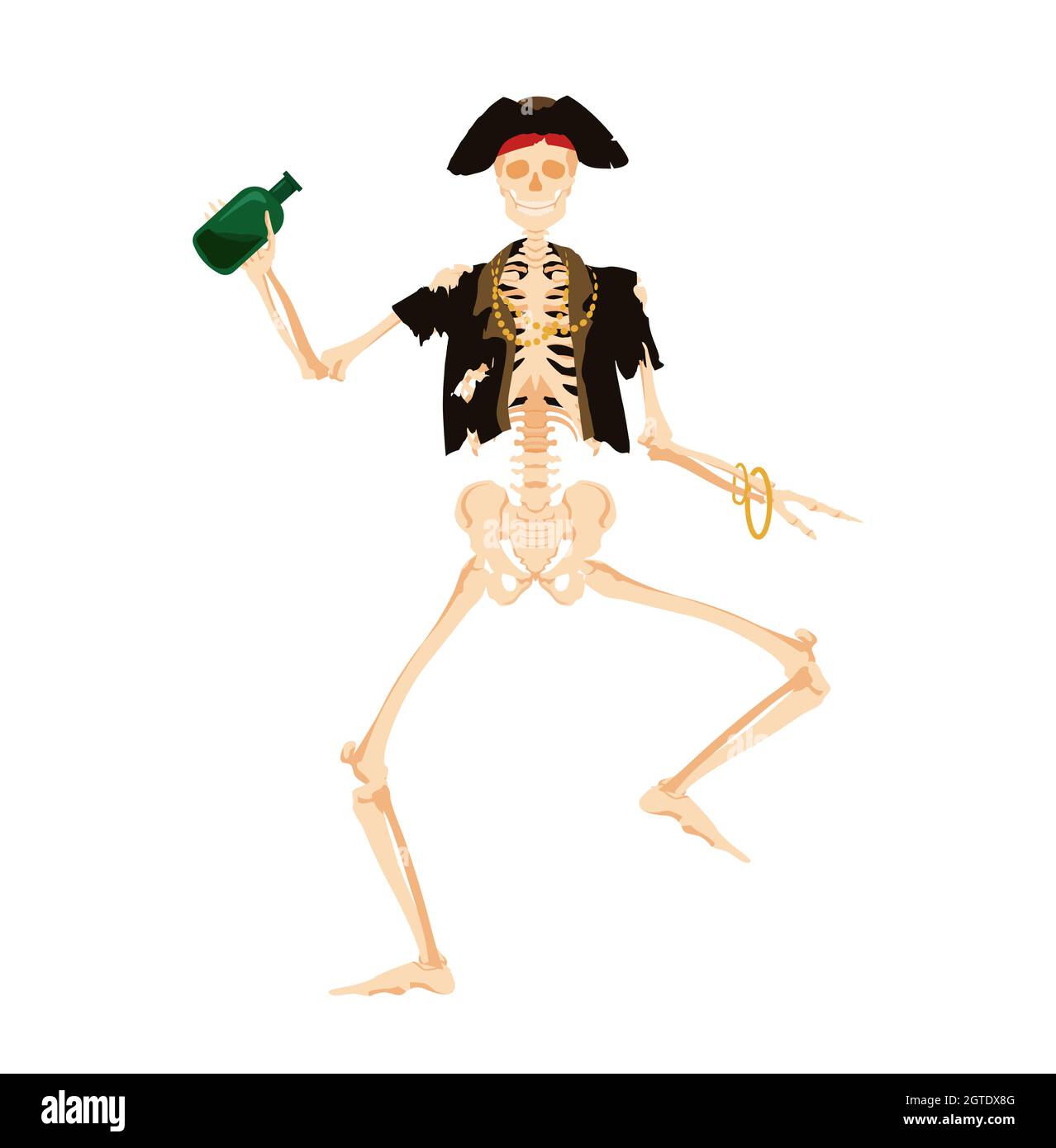 Pirate de squelette dansant avec bouteille. Le Corsair mort dans les vêtements délabés danse joyeusement Illustration de Vecteur