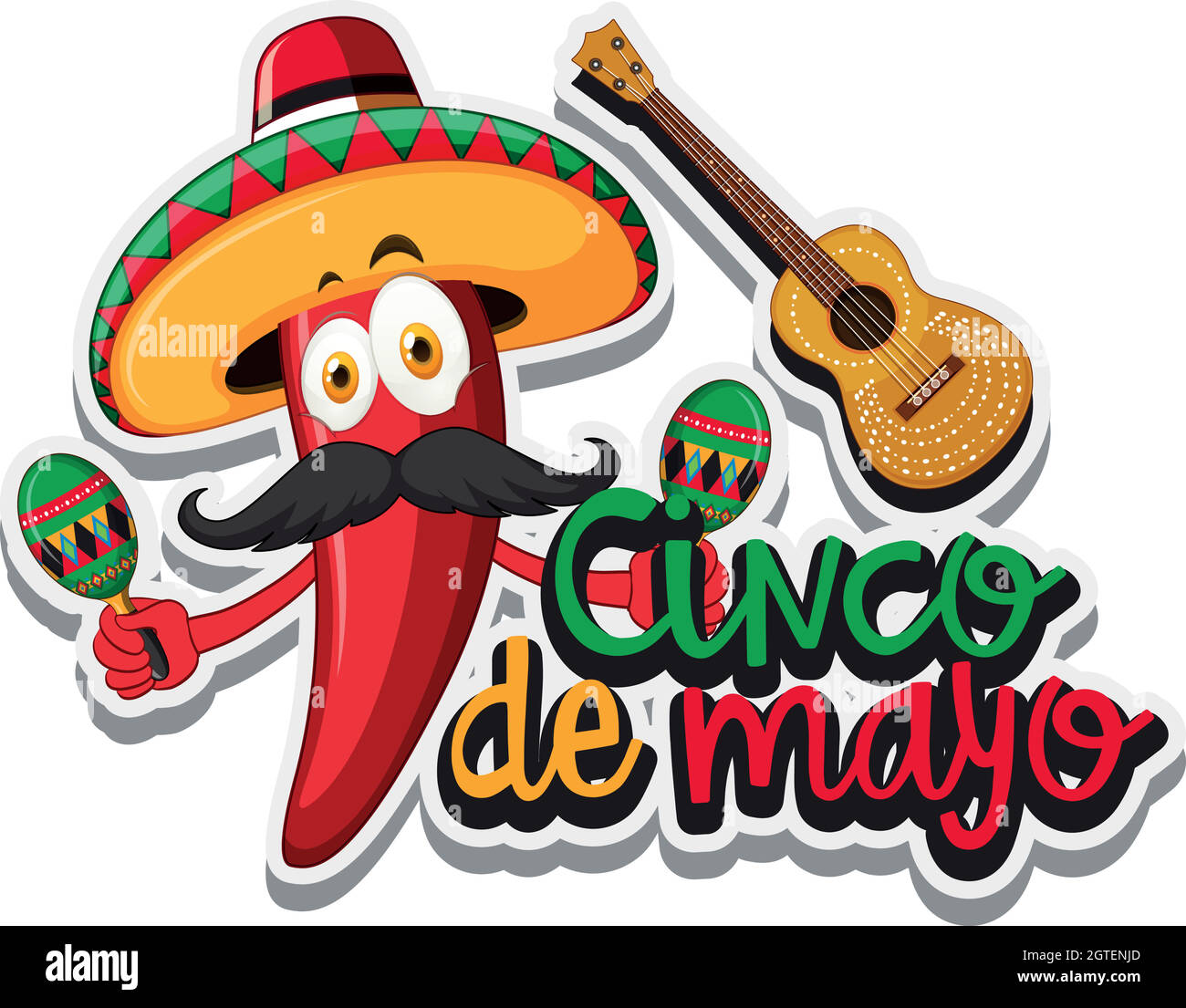 Piment rouge avec chapeau mexicain et maracas Illustration de Vecteur