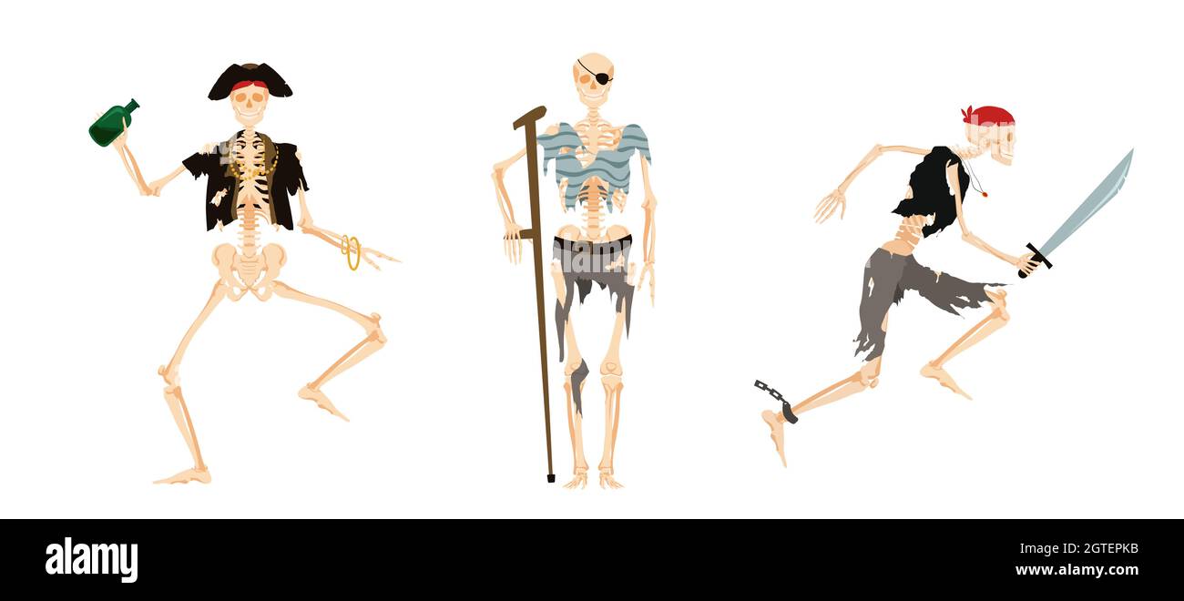 Squelettes pirates. Morts dans les vêtements de mer décayés dansent avec des bouteilles de rhum Illustration de Vecteur