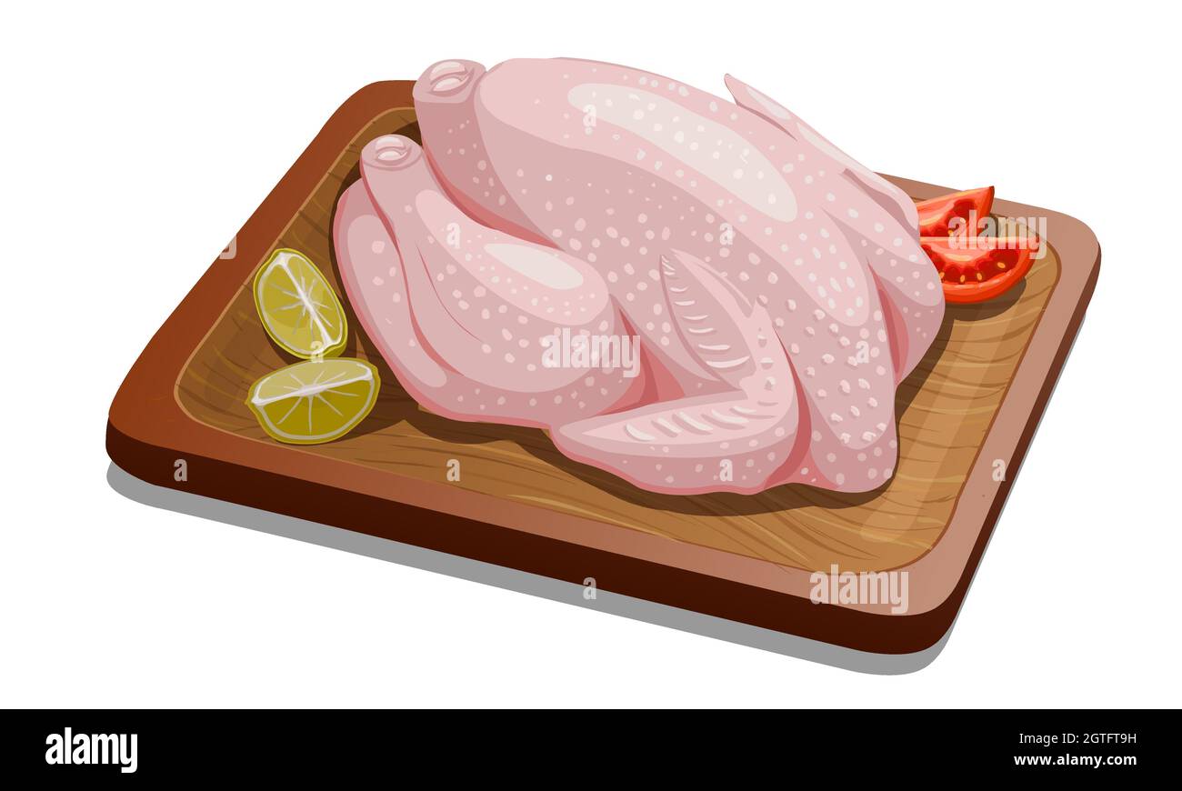 Illustration vectorielle de poulet entier cru avec la peau disposée sur une base en bois. Illustration de Vecteur