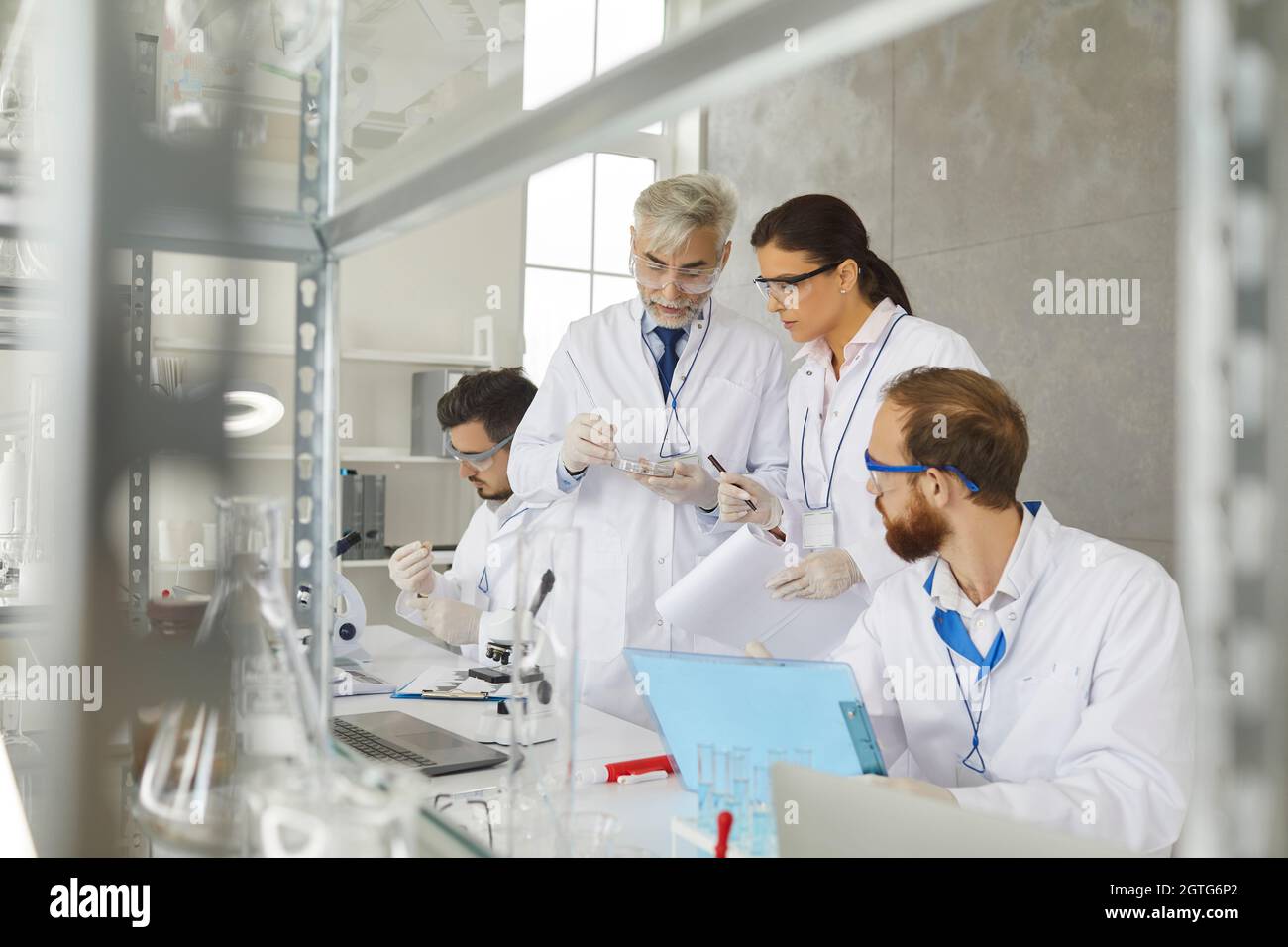 Deux scientifiques examinent une colonie de cellules cultivées dans une boîte de Pétri dans un laboratoire de recherche. Banque D'Images