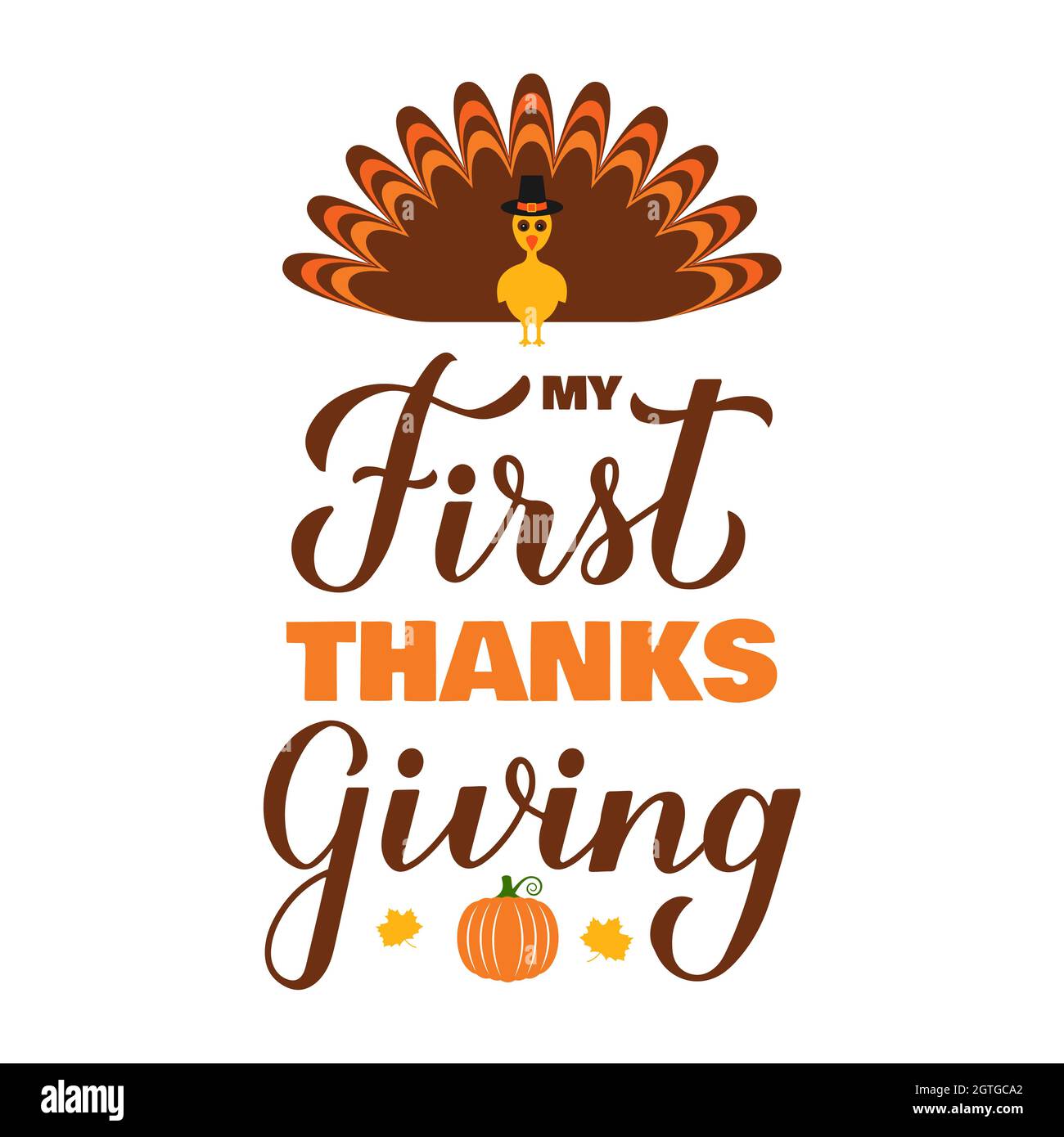 Mon premier lettrage de Thanksgiving avec une jolie dinde. Citation amusante du jour de Thanksgiving. Modèle vectoriel pour carte de vœux, affiche typographique, bannière, prospectus, s Illustration de Vecteur