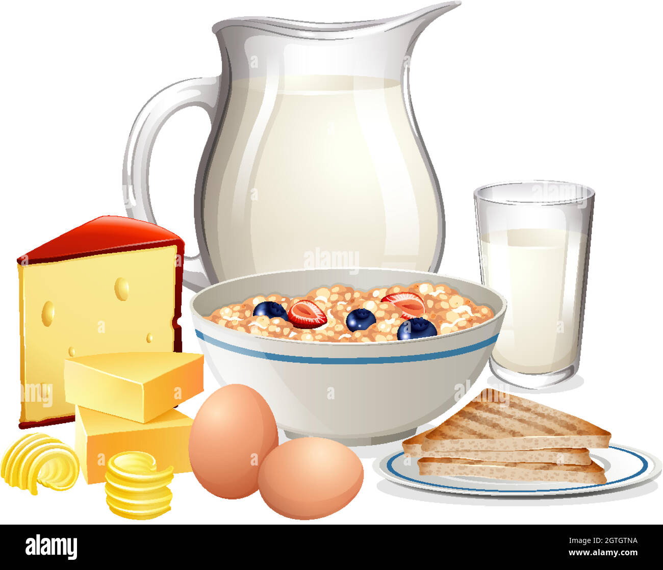 Céréales pour le petit déjeuner dans un bol de lait dans un groupe isolé sur fond blanc Illustration de Vecteur
