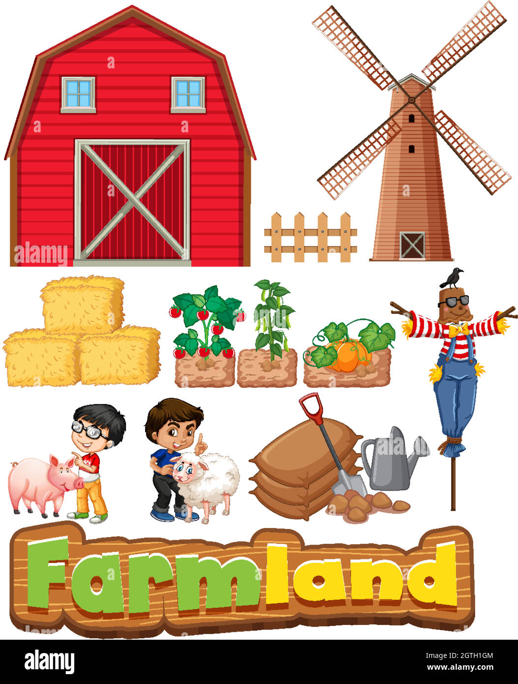 Ensemble de terres agricoles avec des bâtiments et des enfants Illustration de Vecteur