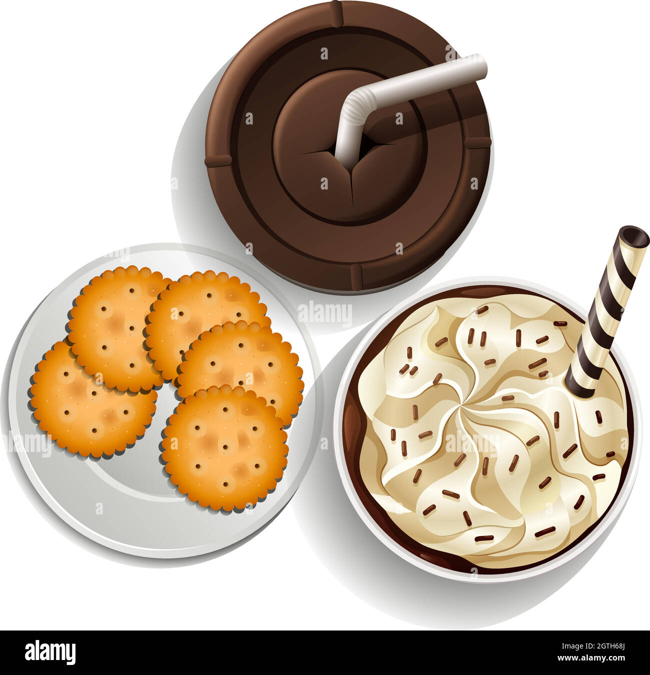 Boissons dans des tasses jetables et une assiette avec des biscuits Illustration de Vecteur