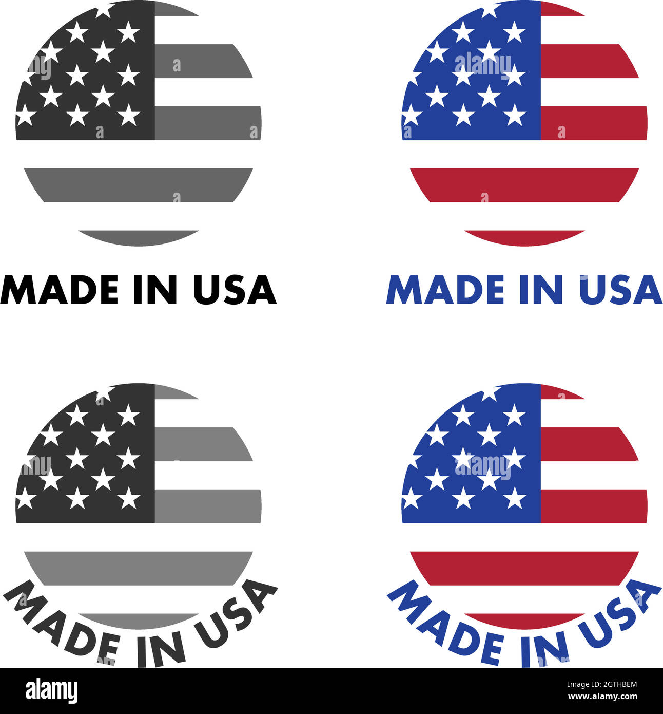 Made in USA label. Rayures rouge et blanc étoiles sur fond bleu, clippé à cercle avec le texte ci-dessous. Noir et blanc / couleur version. Illustration de Vecteur