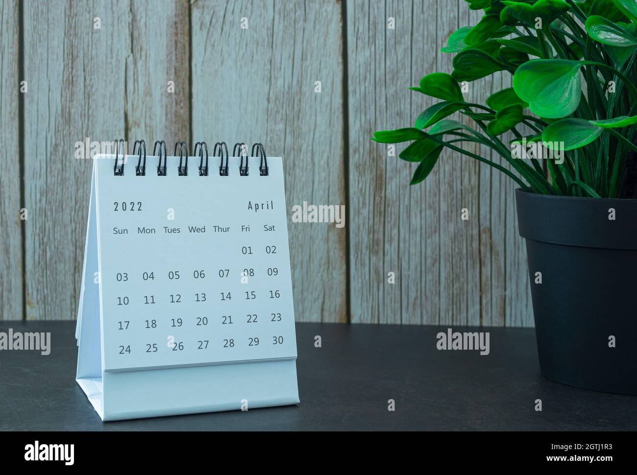 Calendrier blanc d'avril 2022 avec plante en pot. Concept du nouvel an 2022 Banque D'Images