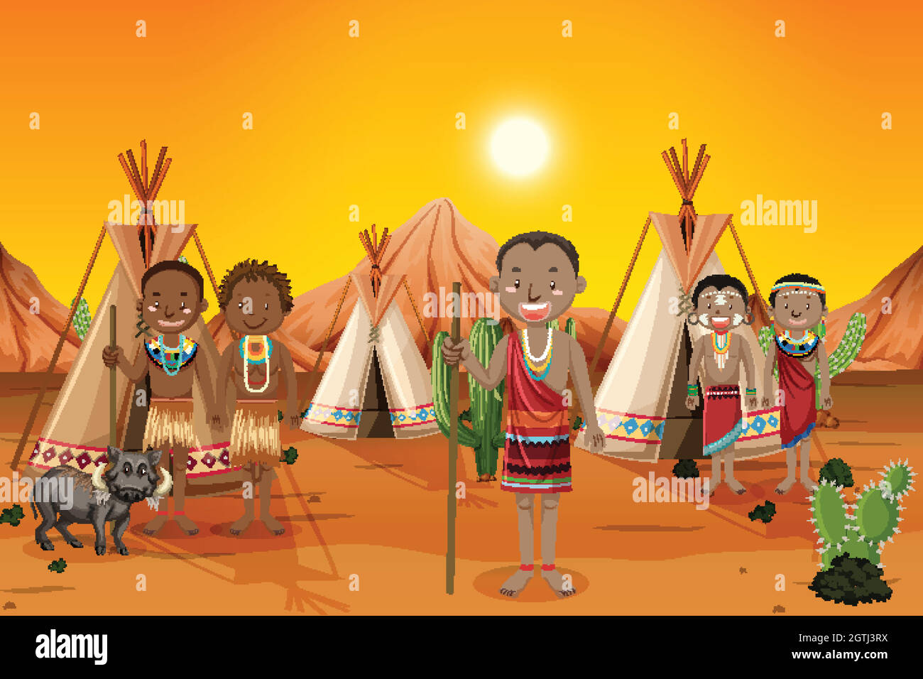 Ethnie des tribus africaines dans les vêtements traditionnels en arrière-plan de la nature Illustration de Vecteur