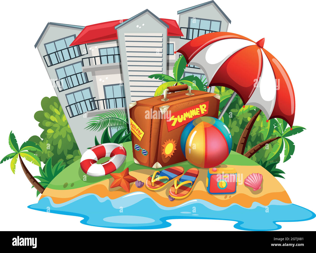 Thème d'été avec plage et hôtel Illustration de Vecteur