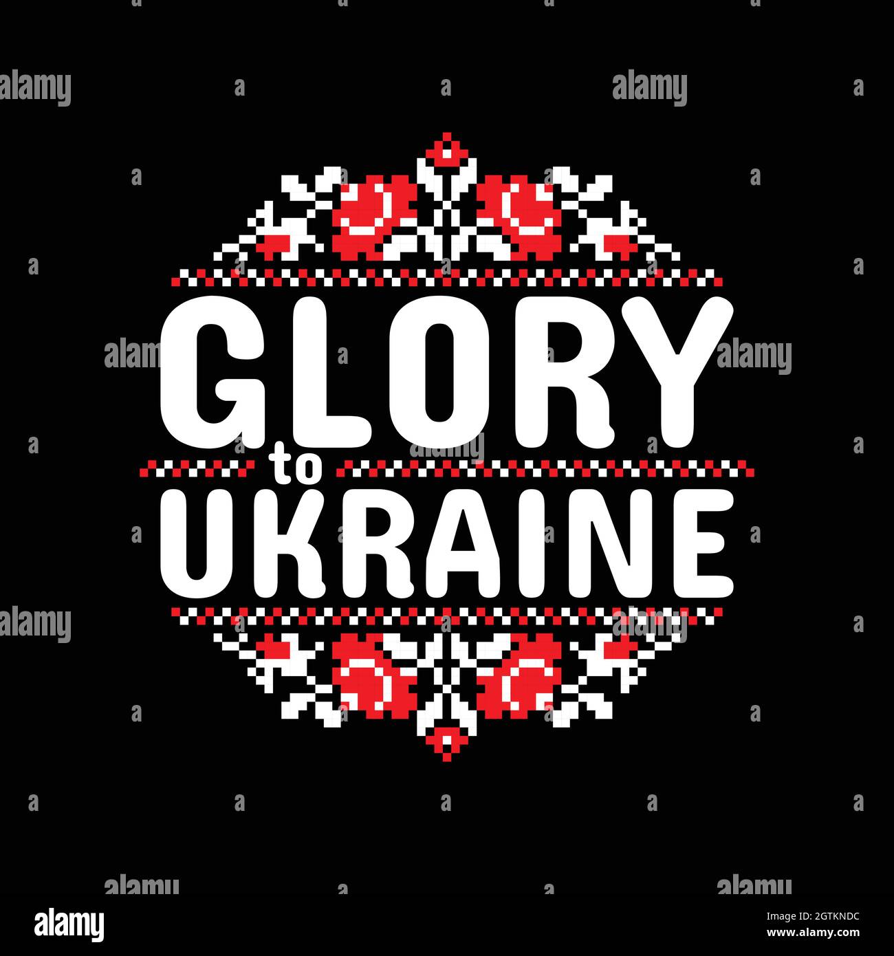 Signe rond vectoriel avec le slogan patriotique ukrainien "gloire à l'Ukraine" et ornement ethnique national ukrainien autour. Ukraine blanche et rouge traditionnelle Illustration de Vecteur