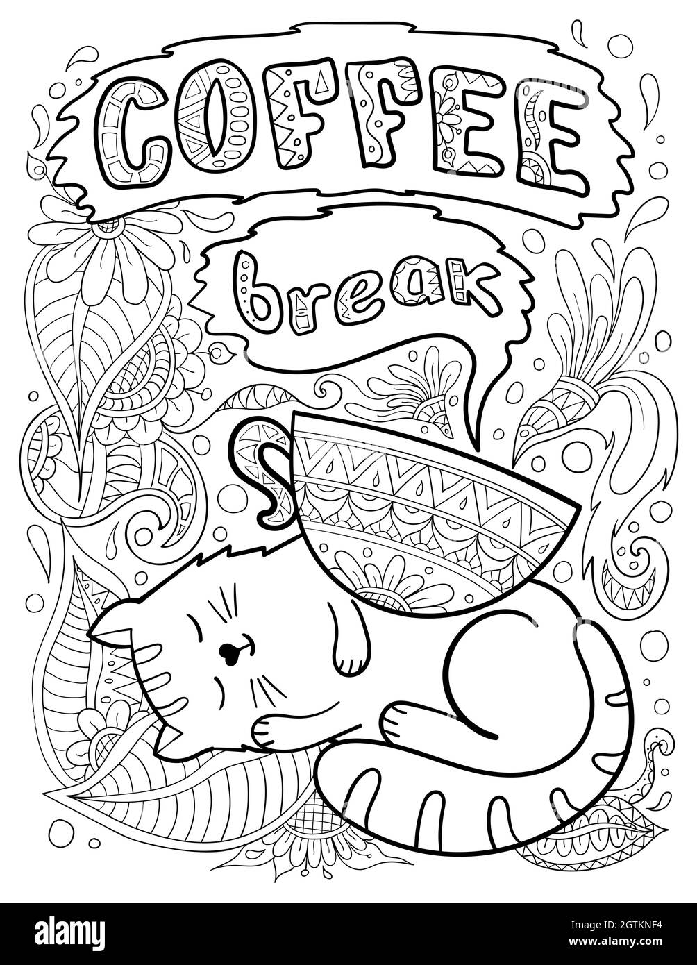 Illustration vectorielle de la page de livre de coloriage avec décoration florale, chat endormi, tasse de café et citation « pause café ». Taille 8,5x11 pouces Illustration de Vecteur