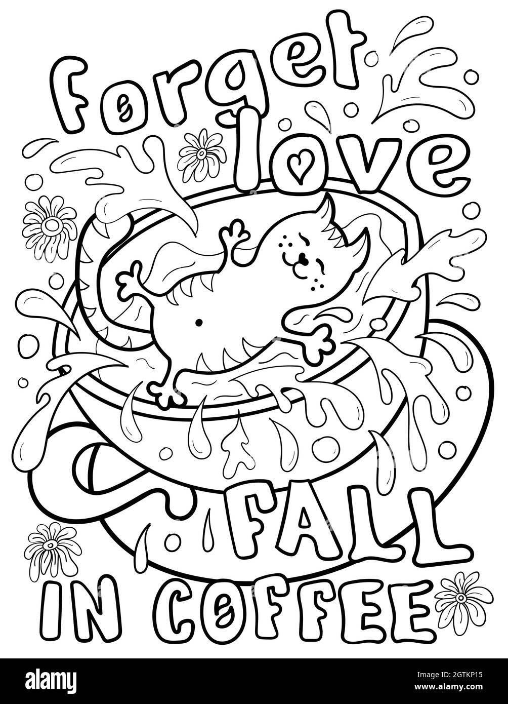 Illustration vectorielle d'un chat heureux qui tombe dans une tasse de café et fait des éclaboussures. Expression « oubliez l'amour, tombez dans le café ». Livre de coloriage amusant, Illustration de Vecteur