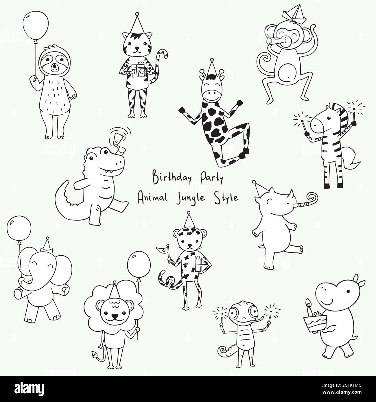 Animaux de la jungle et safari mignons. Personnages d'anniversaire dessinés à la main. Personnages du zoo de dessins animés. Ballon, gâteau et cadeaux. Noir et blanc. Illustration de Vecteur