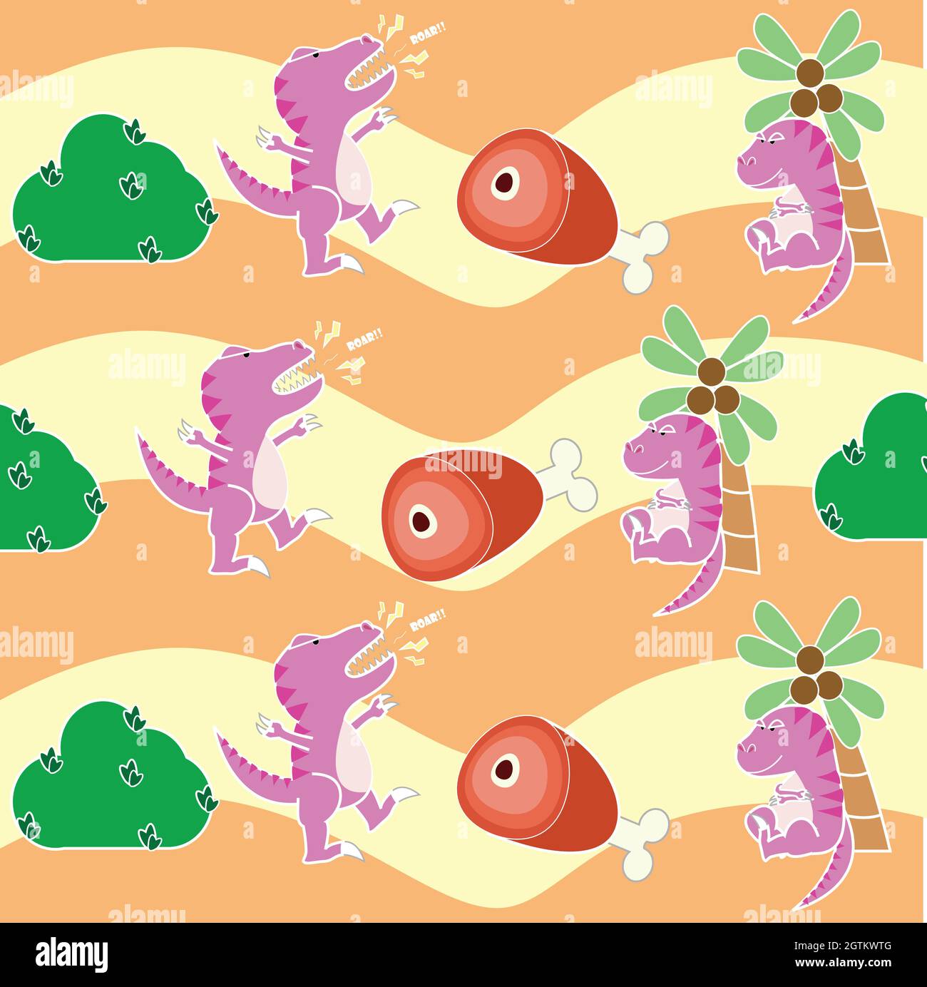 Dinosaure rose, Bush, os de viande avec dino assis sous la paume avec fond orange, Tyrannosaurus mignon, T-rex bande dessinée, dino carnivore Illustration de Vecteur