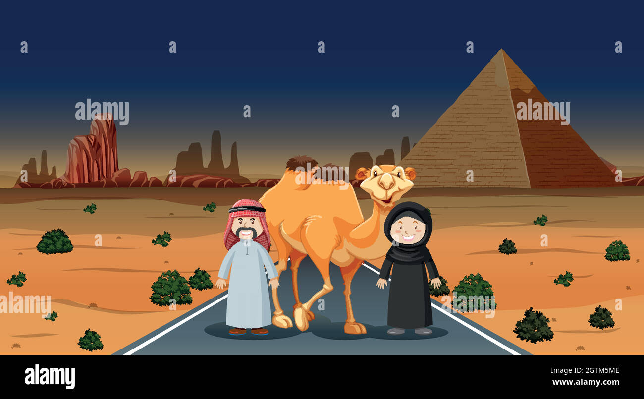 Deux personnes et chameau dans le désert Illustration de Vecteur