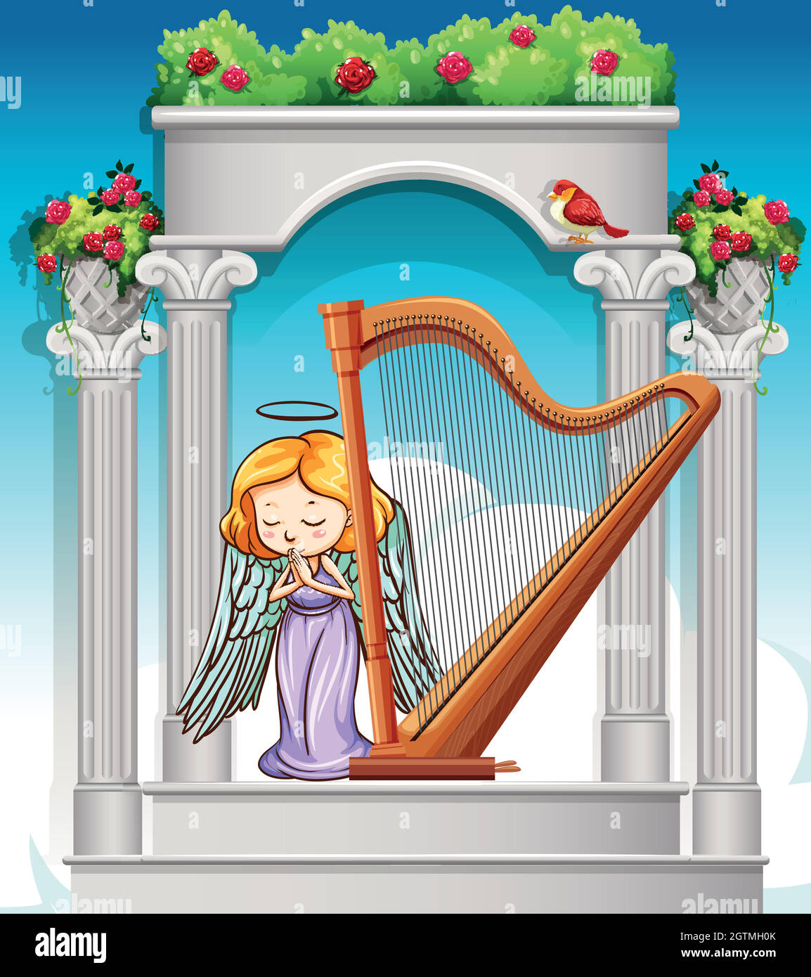 Fée jouant de la harpe dans le ciel Illustration de Vecteur