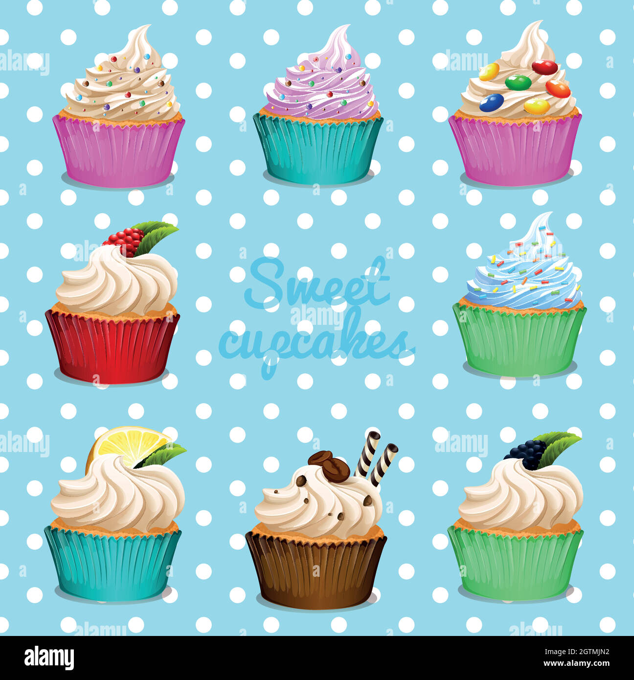 Bannière avec des cupcakes aux saveurs différentes Illustration de Vecteur