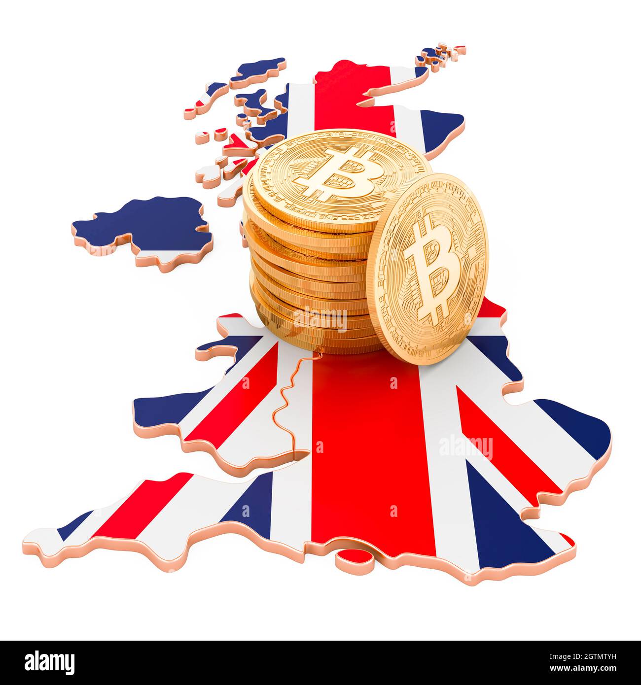 Crypto-monnaie Bitcoin en Grande-Bretagne, rendu 3D isolé sur fond blanc Banque D'Images