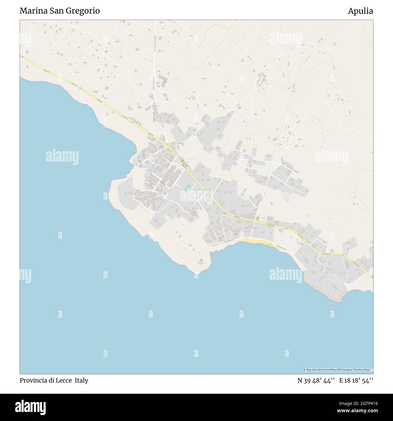 Marina San Gregorio, Provincia di Lecce, Italie, Apulia, N 39 48' 44'', E 18 18' 54'', carte, carte intemporelle publiée en 2021.Les voyageurs, les explorateurs et les aventuriers comme Florence Nightingale, David Livingstone, Ernest Shackleton, Lewis et Clark et Sherlock Holmes se sont appuyés sur des cartes pour planifier leurs voyages dans les coins les plus reculés du monde. Timeless Maps dresse la carte de la plupart des sites du monde, montrant ainsi la réalisation de grands rêves Banque D'Images