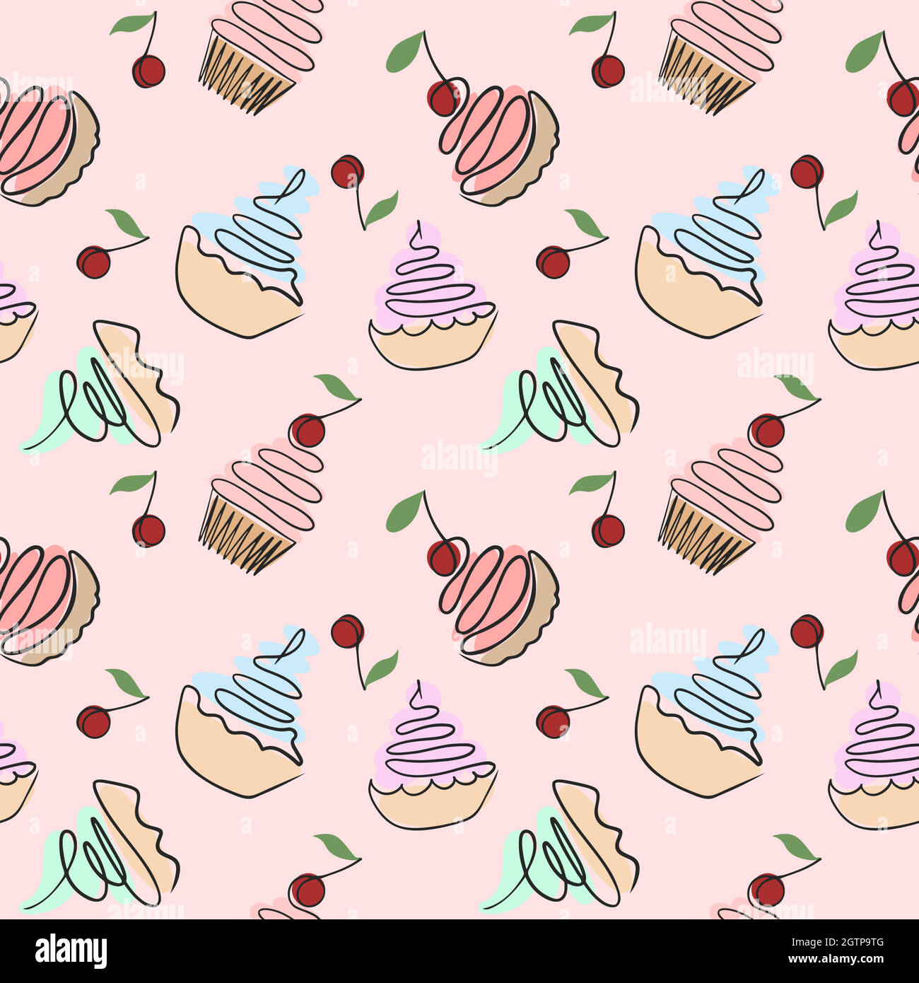 Motif sans couture avec gâteaux. Vecteur. Assortiment de galettes de crème anglaise sur un dos rose, motif répété Uni. Fond avec pâtisseries sucrées. Illustration de Vecteur