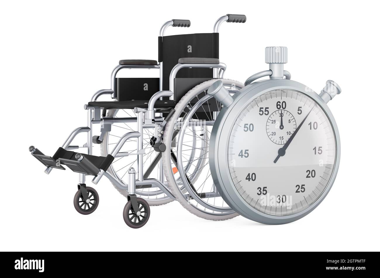 Chronomètre avec fauteuil roulant manuel, rendu 3D isolé sur fond blanc Banque D'Images