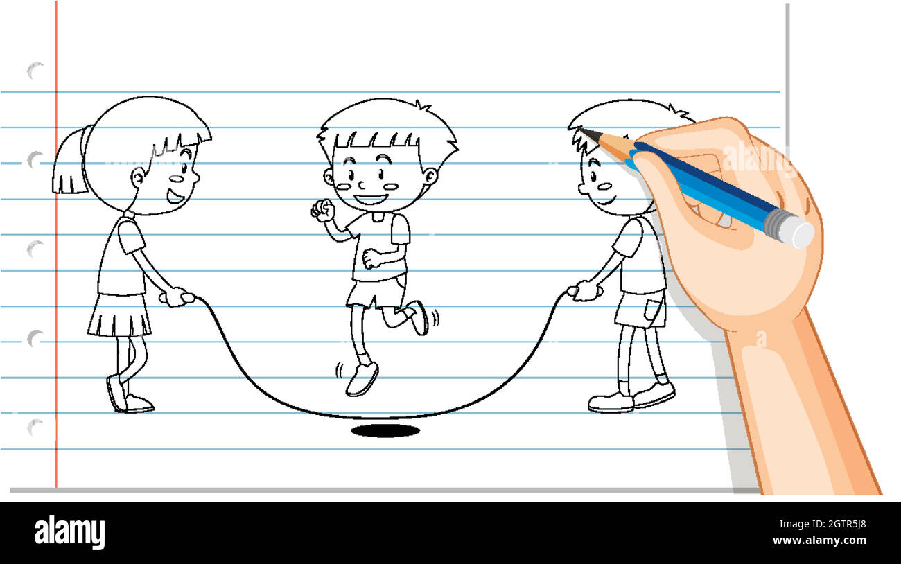 Dessin à la main du contour de corde de saut d'enfants Illustration de Vecteur