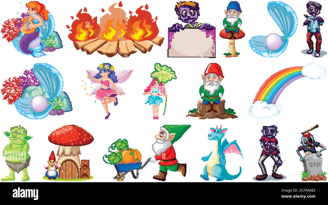 Ensemble de personnages de dessin animé fantaisie et thème de fantaisie isolés sur fond blanc Illustration de Vecteur