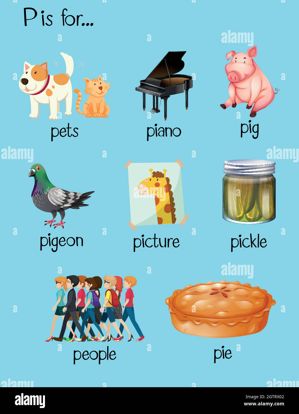Beaucoup de mots commencent par la lettre P. Illustration de Vecteur