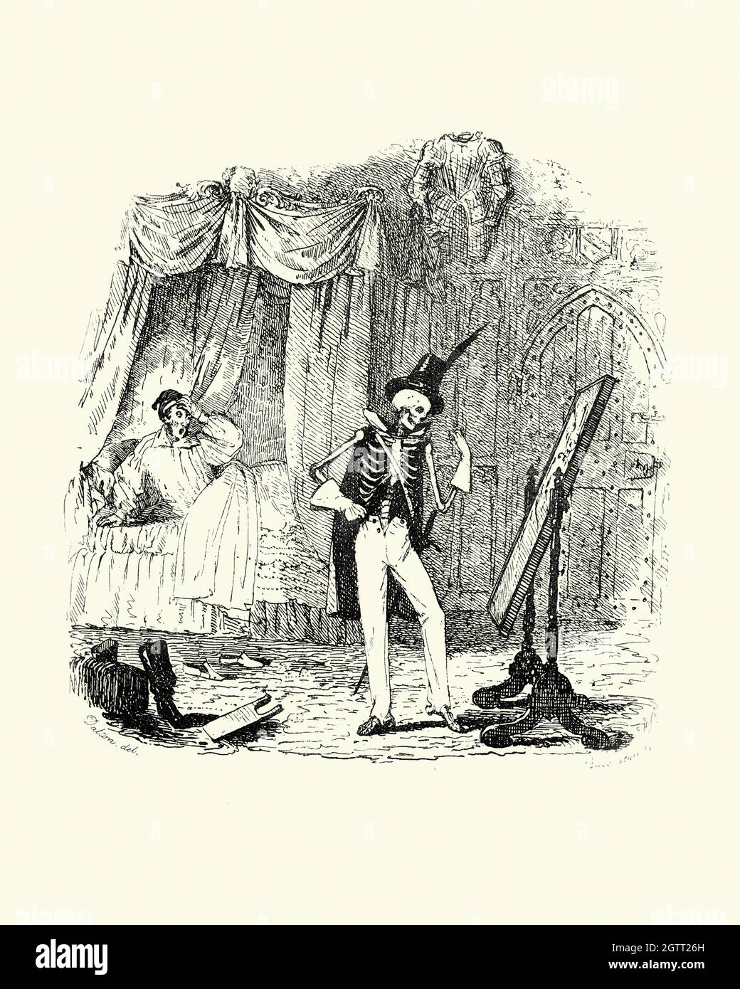 Illustration vintage le spectre de Tappington, Skeleton, Ghost, horreur, hunting, Une scène des légendes d'Ingoldsby Banque D'Images