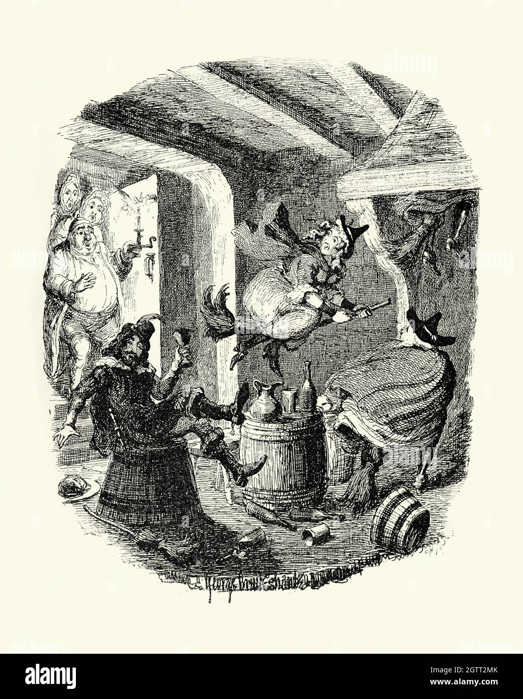 Illustration vintage l'histoire de Grandpapa ou la grenouille des sorcières des légendes d'Ingoldsby, sorcière volant sur bâton de poulet Banque D'Images