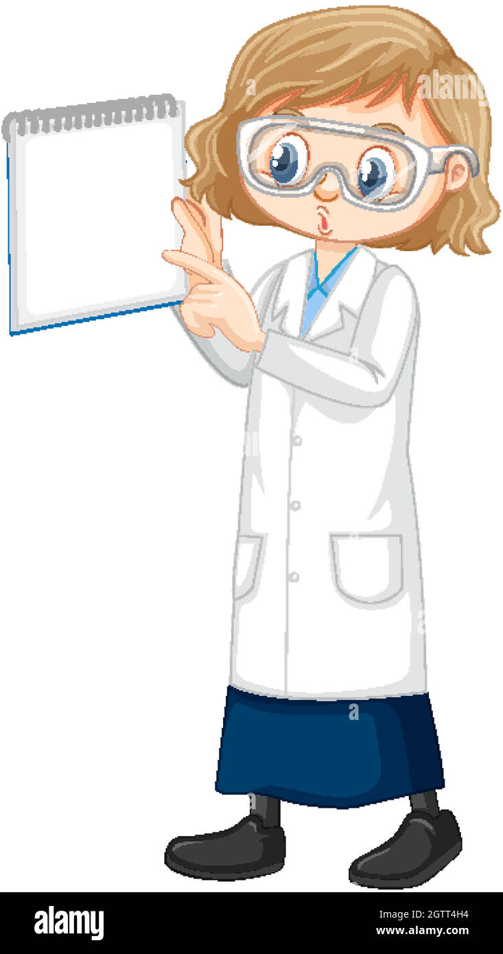 Adorable petite fille personnage de dessin animé portant un manteau de laboratoire scientifique Illustration de Vecteur