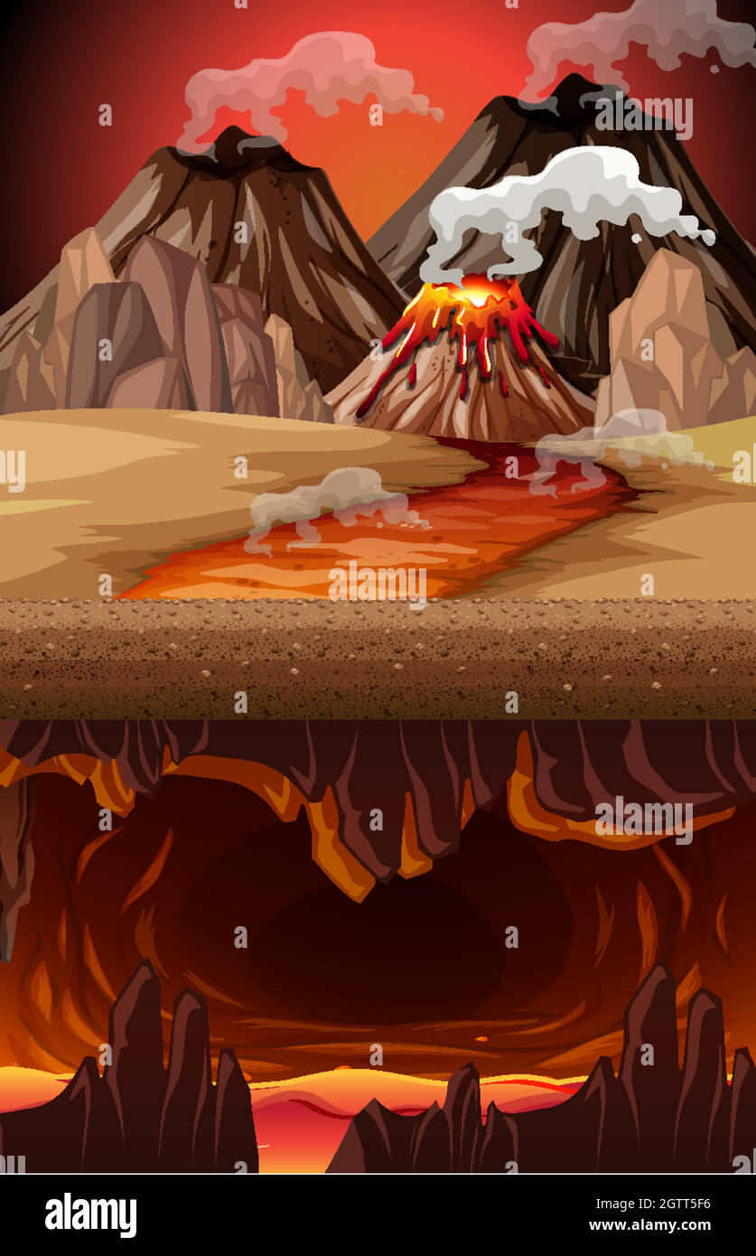 Éruption volcanique dans la scène de la nature à la journée et grotte infernale avec scène de lave Illustration de Vecteur
