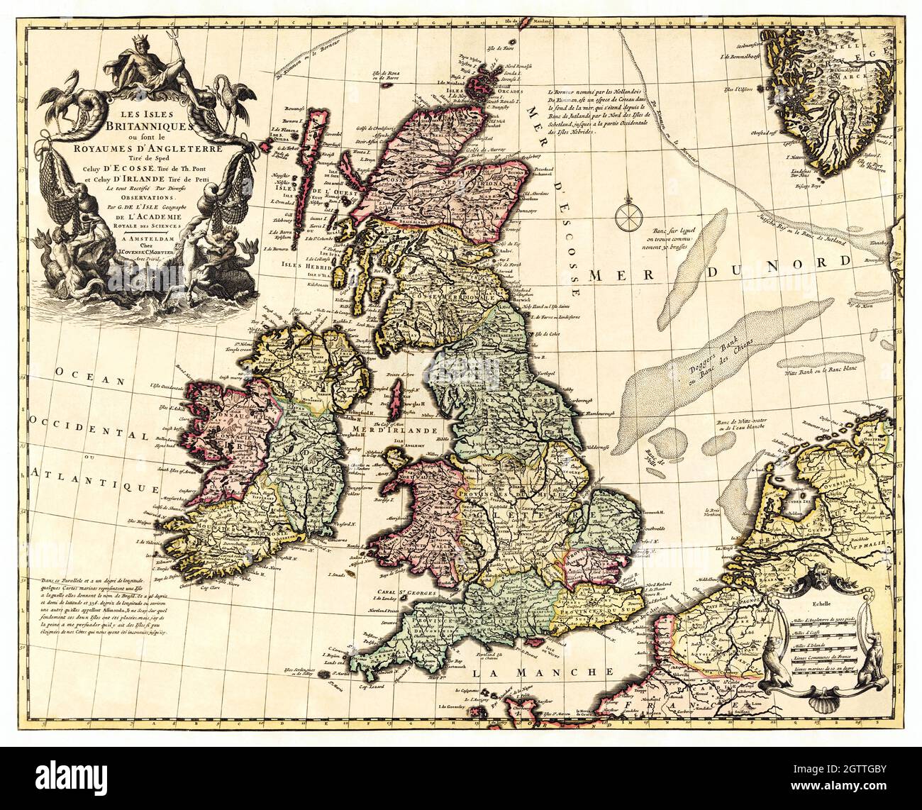 Carte des îles britanniques au début du 18e siècle - Royaume-Uni, carte de Grande-Bretagne, années 1700 Banque D'Images