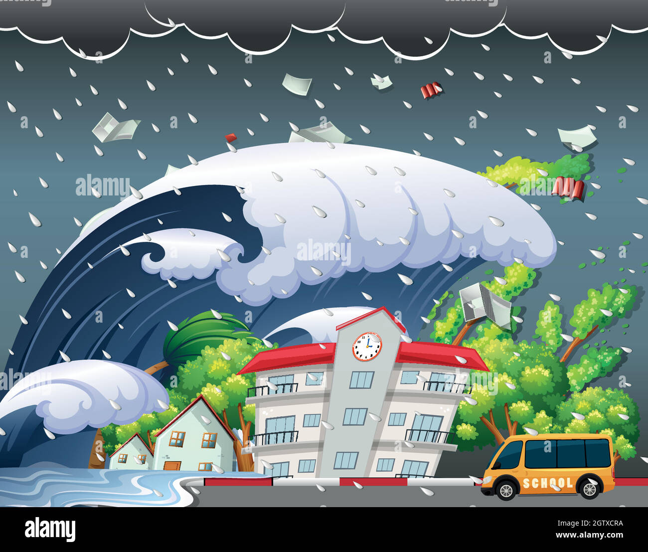 Le tsunami a frappé le bâtiment de l'école Illustration de Vecteur