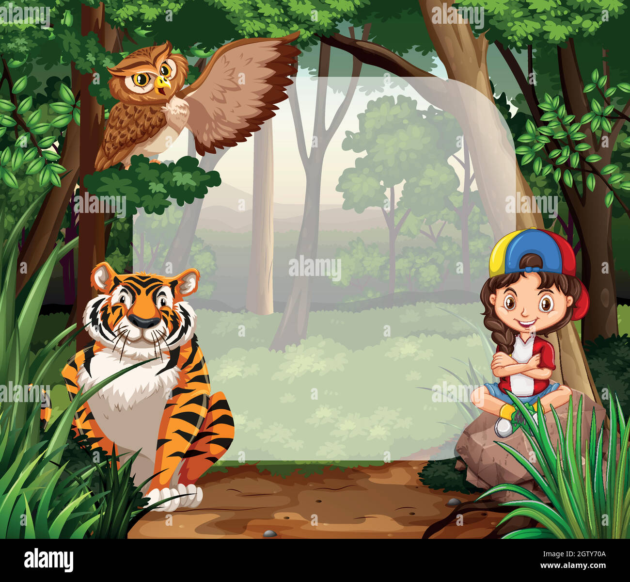 Petite fille et animaux sauvages dans la jungle Illustration de Vecteur