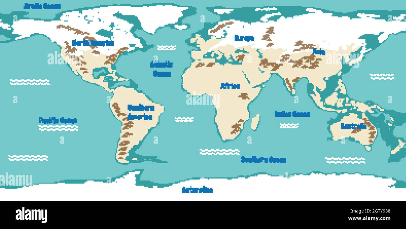 Carte du monde avec noms de continents et océans Illustration de Vecteur