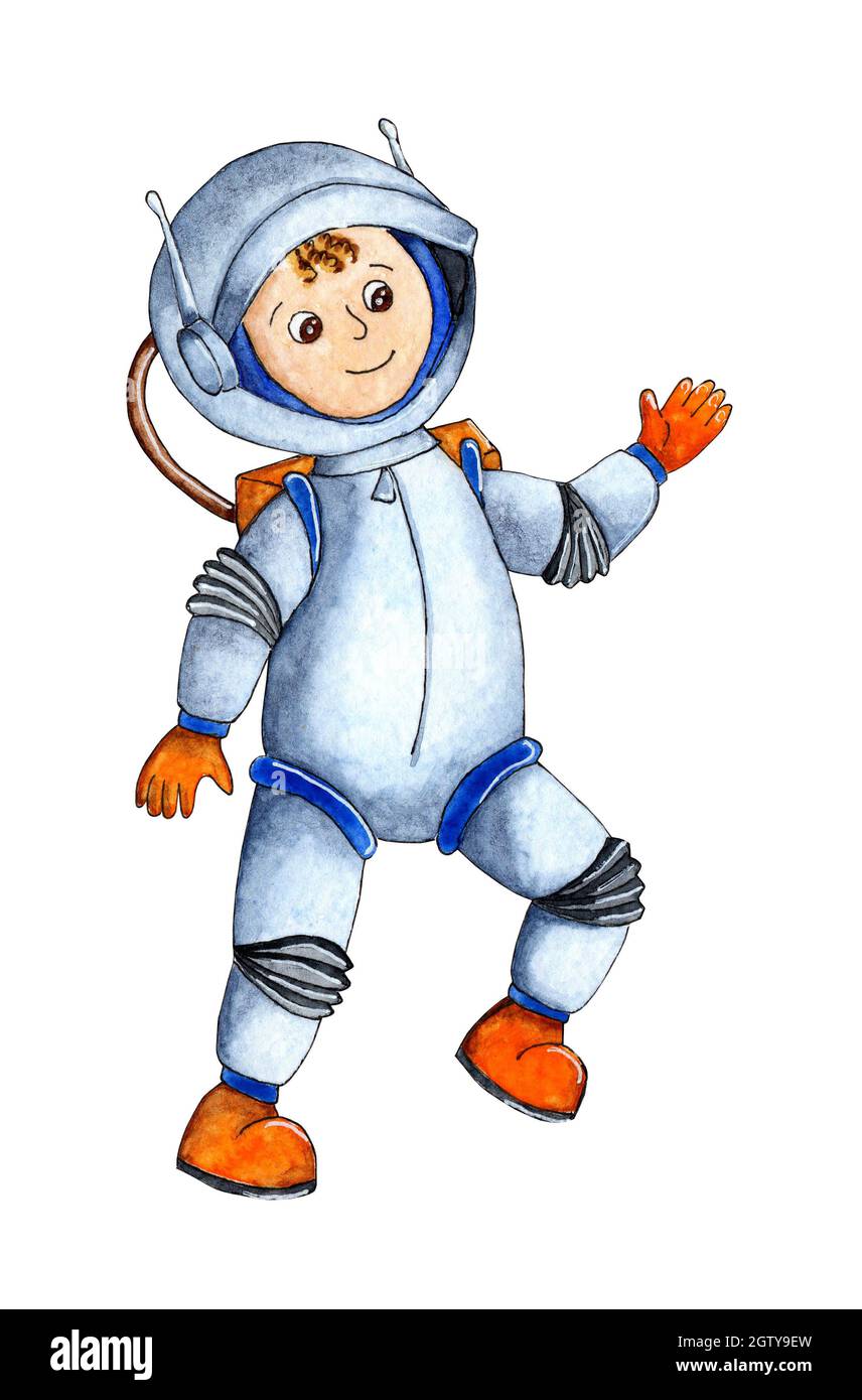 Illustration aquarelle d'un astronaute effectuant une promenade dans l'espace. Photo des enfants d'un astronaute joyeux dans un espace. Isolé sur fond blanc. DRA Banque D'Images